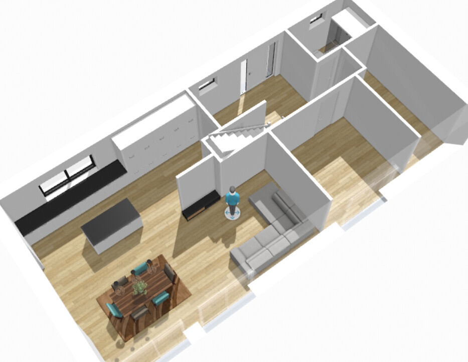 3D-Rendering eines offenen Wohn- und Essbereichs mit Küche, Sitzgruppe, Treppe und Person
