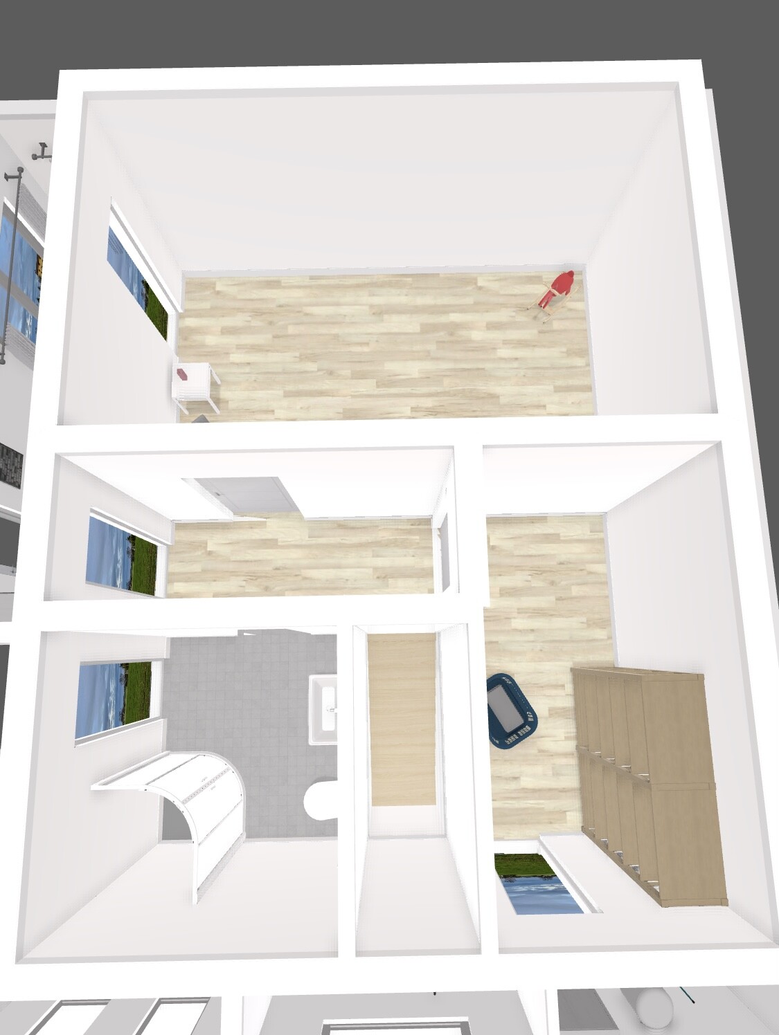 3D-Draufsicht eines Wohnungsgrundrisses: Großes Wohnzimmer mit rotem Stuhl, Bad, Flur und Schrankraum.