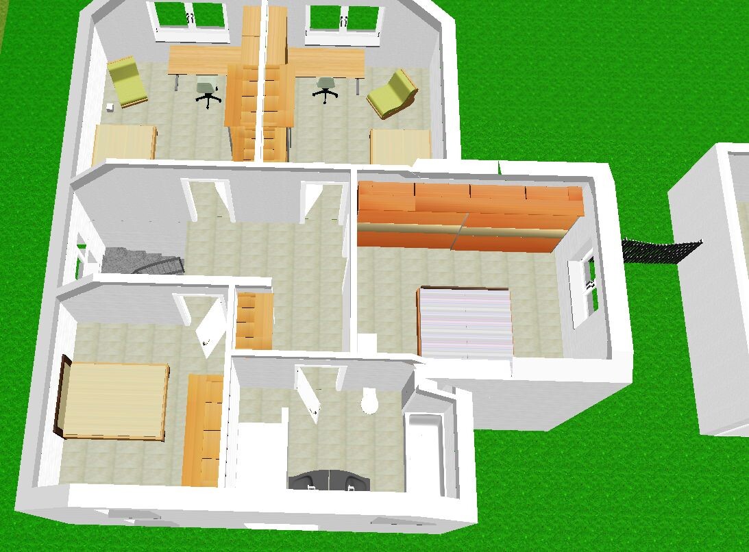 3D-Grundriss eines Hauses: Schlafzimmer, Büro mit Tischen, Bad, Flur, Garten.
