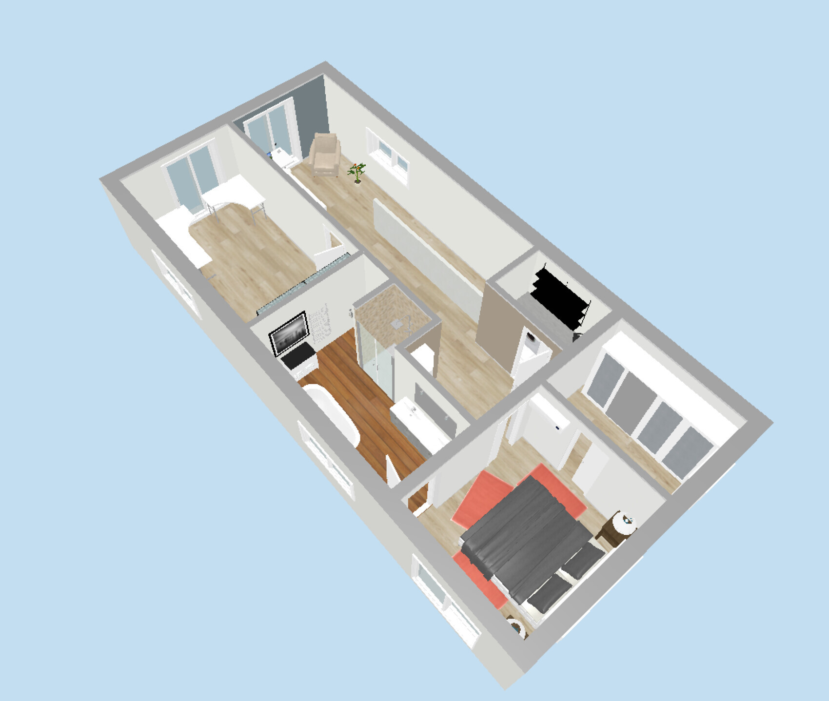 Isometrische 3D-Ansicht eines Apartments mit Schlafzimmer, Wohnzimmer, Küche, Bad und Flur.