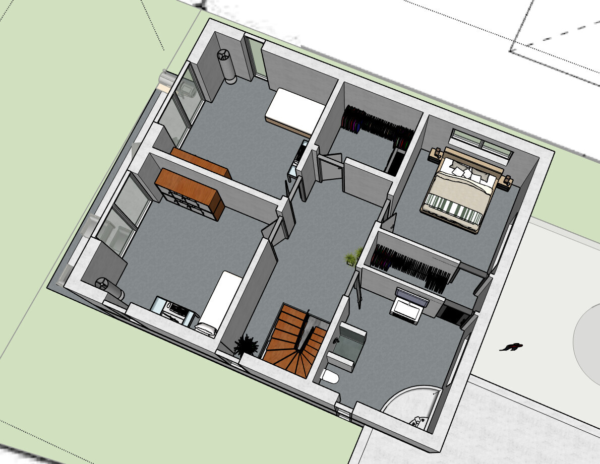 Isometrischer Grundriss eines Hauses: Schlafzimmer, Kleiderschrank, Treppe, Wohnzimmer.