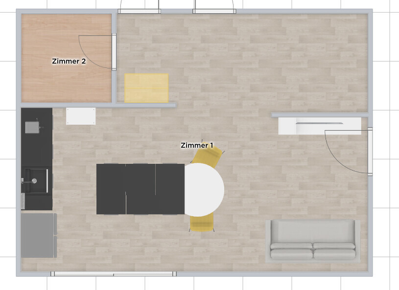 3D-Grundriss einer Wohnung mit Küche, Essbereich, Wohnzimmer und zwei Zimmern.