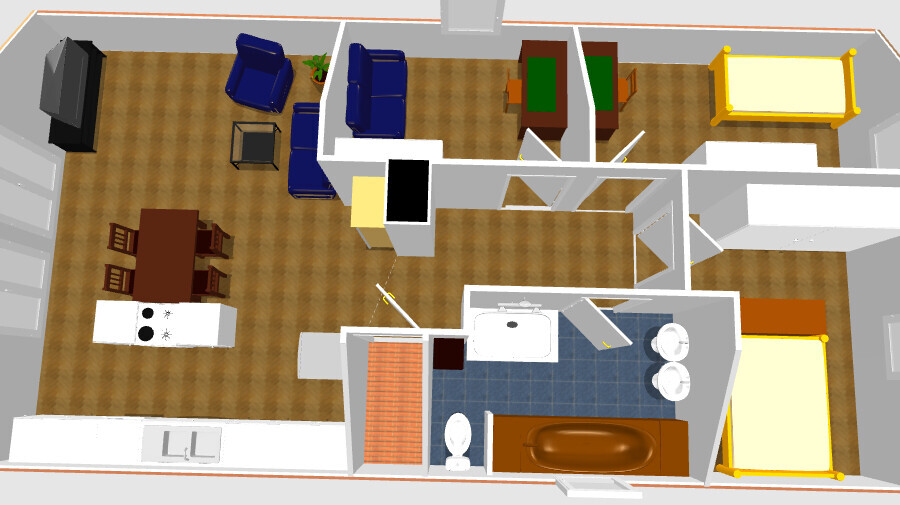 3D-Grundriss eines Hauses mit Küche, Essbereich, Wohnzimmer, Bad und Schlafzimmer