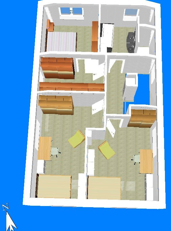 Isometrischer Grundriss einer Mehrzimmer-Wohnung mit Küche, Bad, Flur, Schlaf- und Arbeitsbereichen.