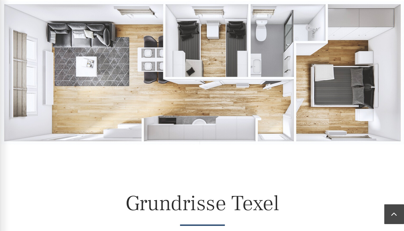 Oberer Grundriss eines Apartments: Wohnzimmer links, Essbereich in Mitte, Schlafzimmer rechts.