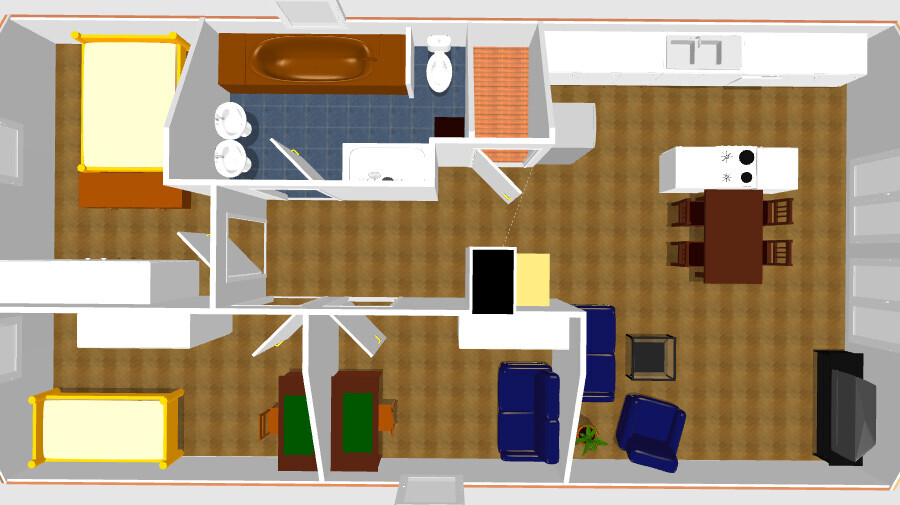 3D-Grundriss einer Wohnung mit Wohnzimmer, Küche, Bad und Schlafzimmer.