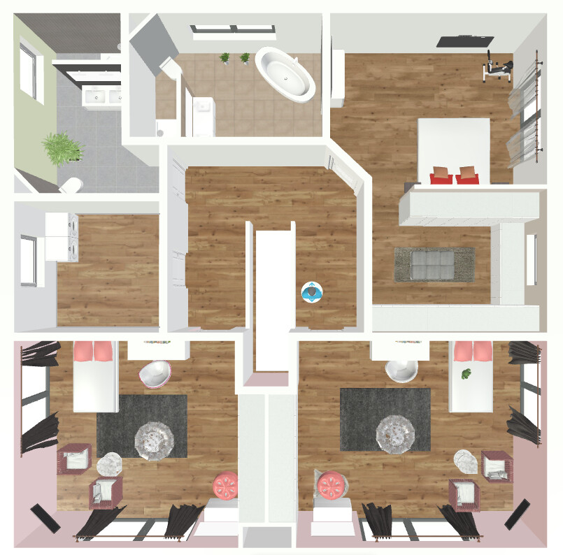 3D-Grundriss eines Doppelhauses mit zwei Wohnungen: Küche, Wohnzimmer, Schlafzimmer, Bad.