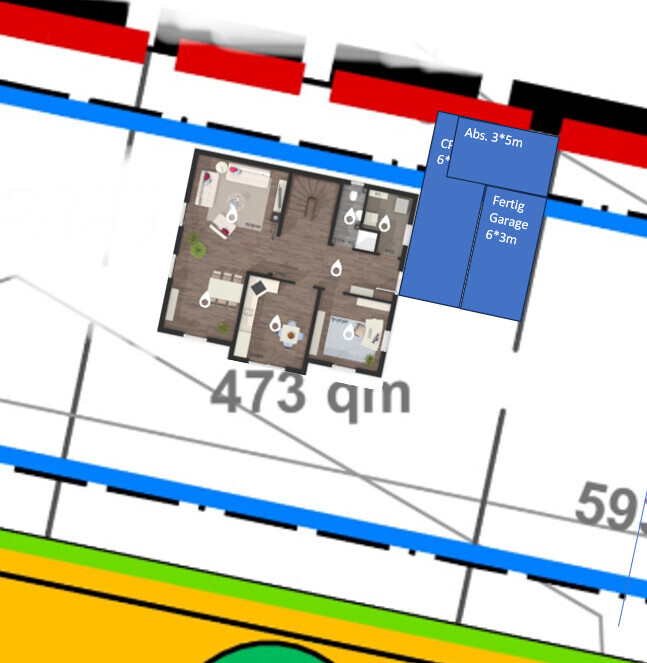 Grundriss einer Wohnung mit mehreren Zimmern; daneben blaue Nebengebäude (Garage) und 473 qm Fläche.