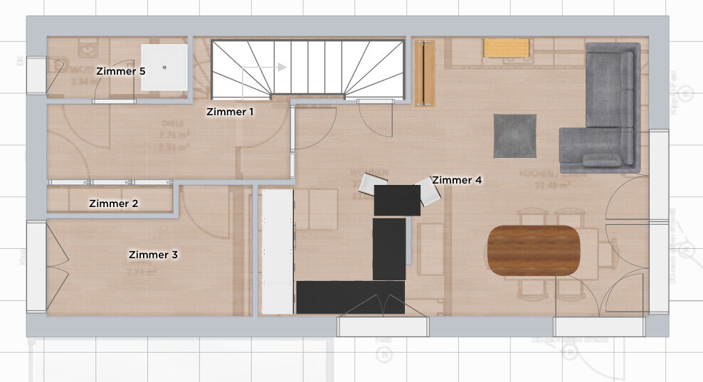 Grundriss eines Apartments mit Zimmer 1–5, Treppenhaus, Küche, Wohnzimmer und Essecke.
