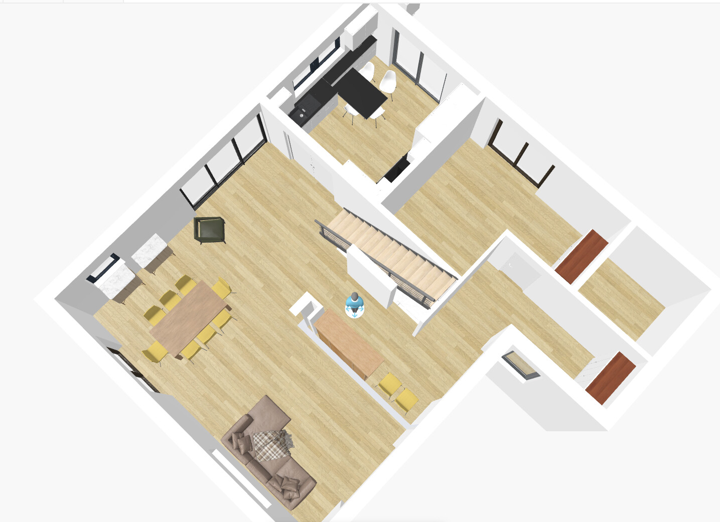 3D-Grundriss eines offenen Wohn- und Küchenbereichs mit Esstisch, Sofa und Treppe