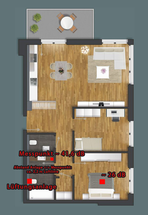 Moderne Wohnungsgrundriss mit Küche, Essbereich, Wohnzimmer, Schlafzimmer und Terrasse.