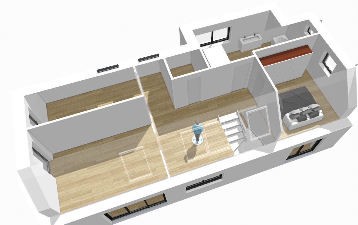 3D-Grundriss eines Hauses: Flur mit Treppe, Schlafzimmer mit Bett und Kleiderschrank, Person.