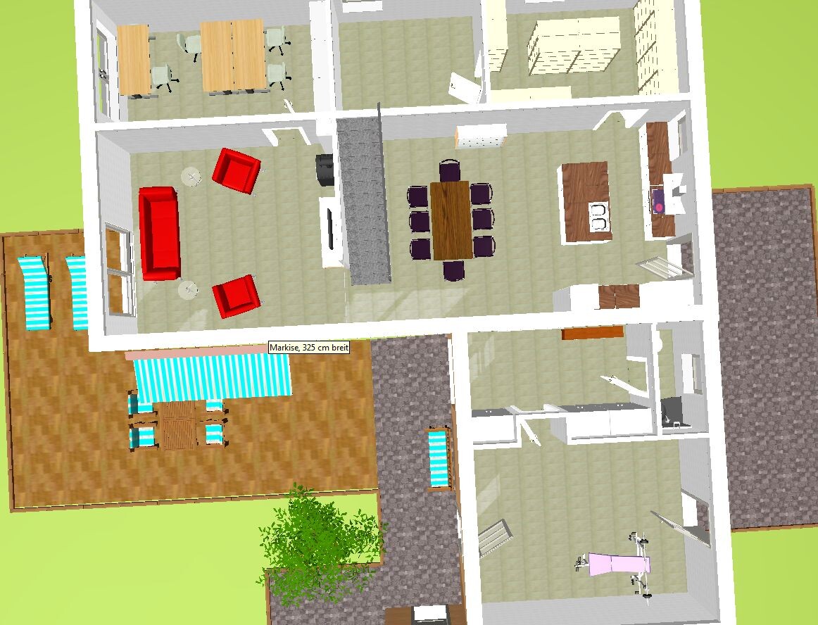 3D Grundriss eines Hauses von oben: Wohnzimmer, Essbereich, Küche und Terrasse