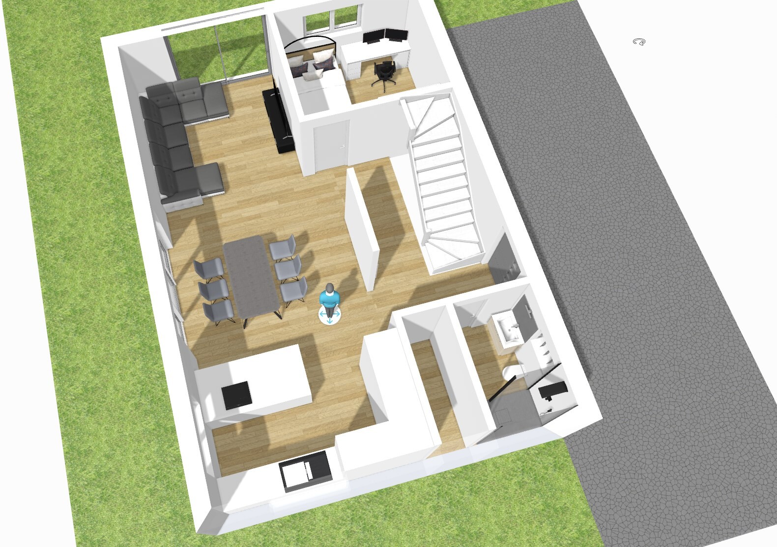 3D-Grundriss eines Hauses: Wohnzimmer, Essbereich, Küche, Büro, Treppe, Bad, Garten.