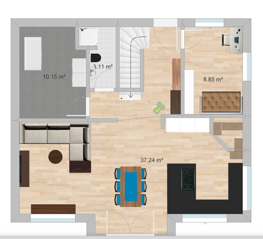 Grundrissplan eines offenen Wohnbereichs mit Küche, Essecke, Wohnzimmer und Treppenaufgang.