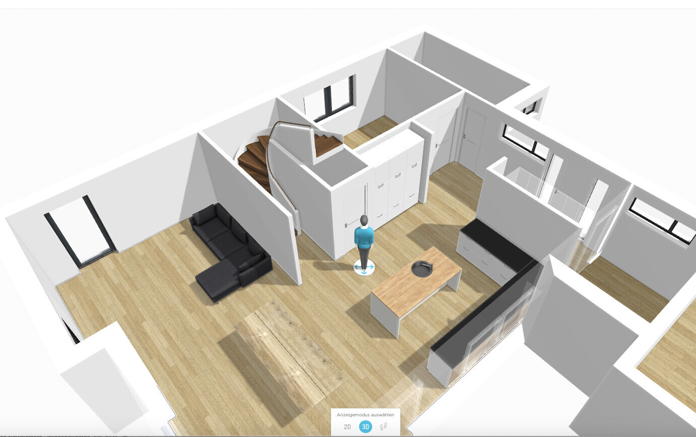 3D-Grundriss eines offenen Wohn- und Küchenbereichs mit Treppe, Sofa und Insel