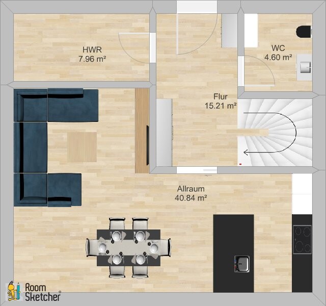 Grundriss eines Wohn-/Essbereichs mit Esstisch, Kücheninsel und Sofa; Flur, HWR, WC, Treppe.