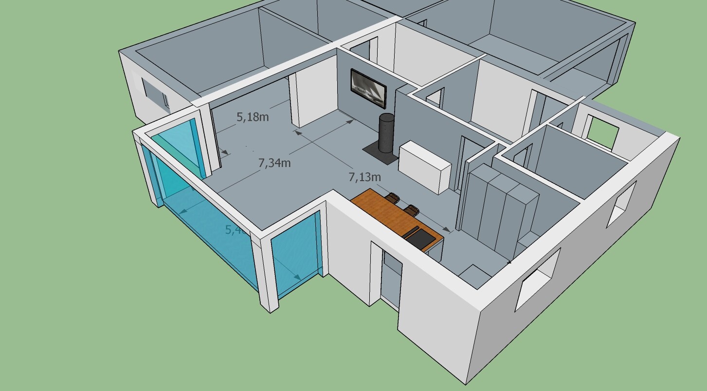 3D-Grundriss eines offenen Wohn- und Küchenbereichs mit Esstisch, TV und Glasfront.