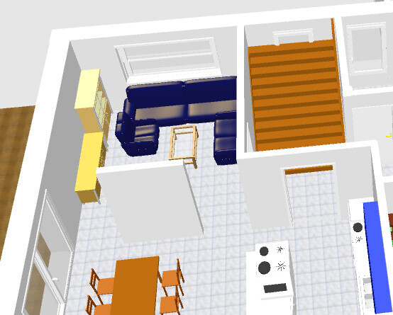 3D-Grundriss eines offenen Wohn- und Küchenbereichs mit blauem Sofa und Esstisch