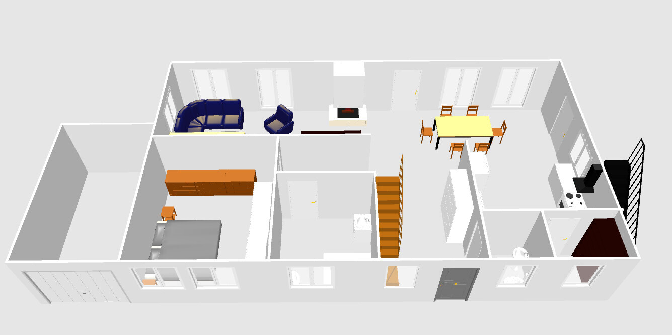 3D-Grundriss eines Wohn- und Essbereichs mit Küche, Treppe und Sofa