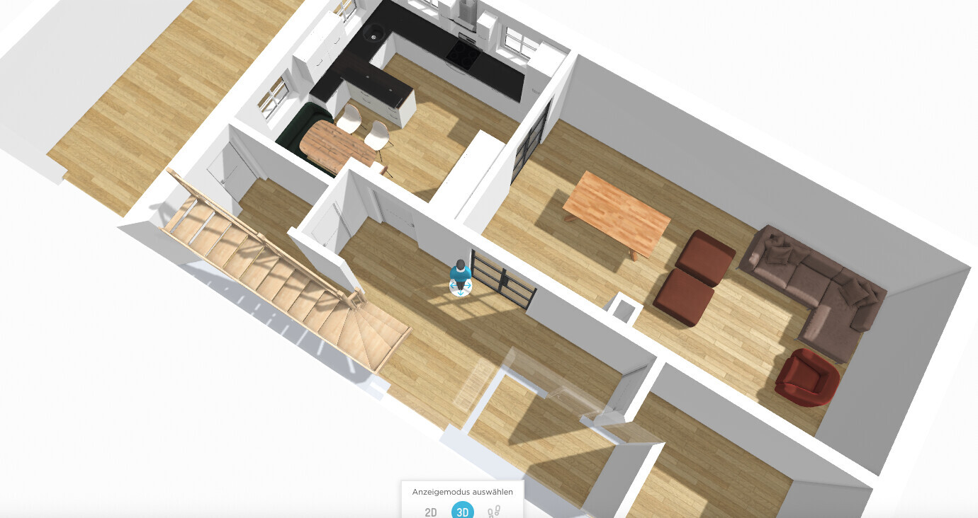 3D-Grundriss eines offenen Wohn- und Küchenbereichs mit Esstisch und Sofa