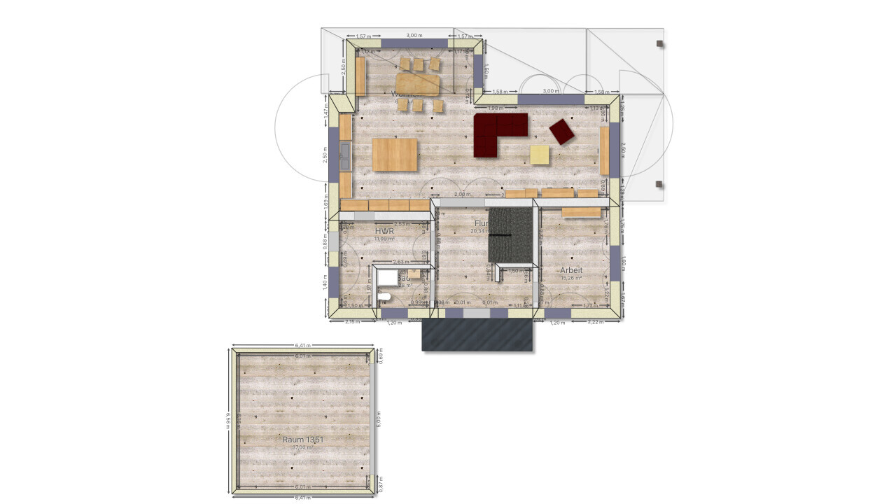 Draufsicht Grundriss: Wohnzimmer mit Esstisch und Sofa, Küche, Flur, Arbeit, HWR, Raum 13.51.