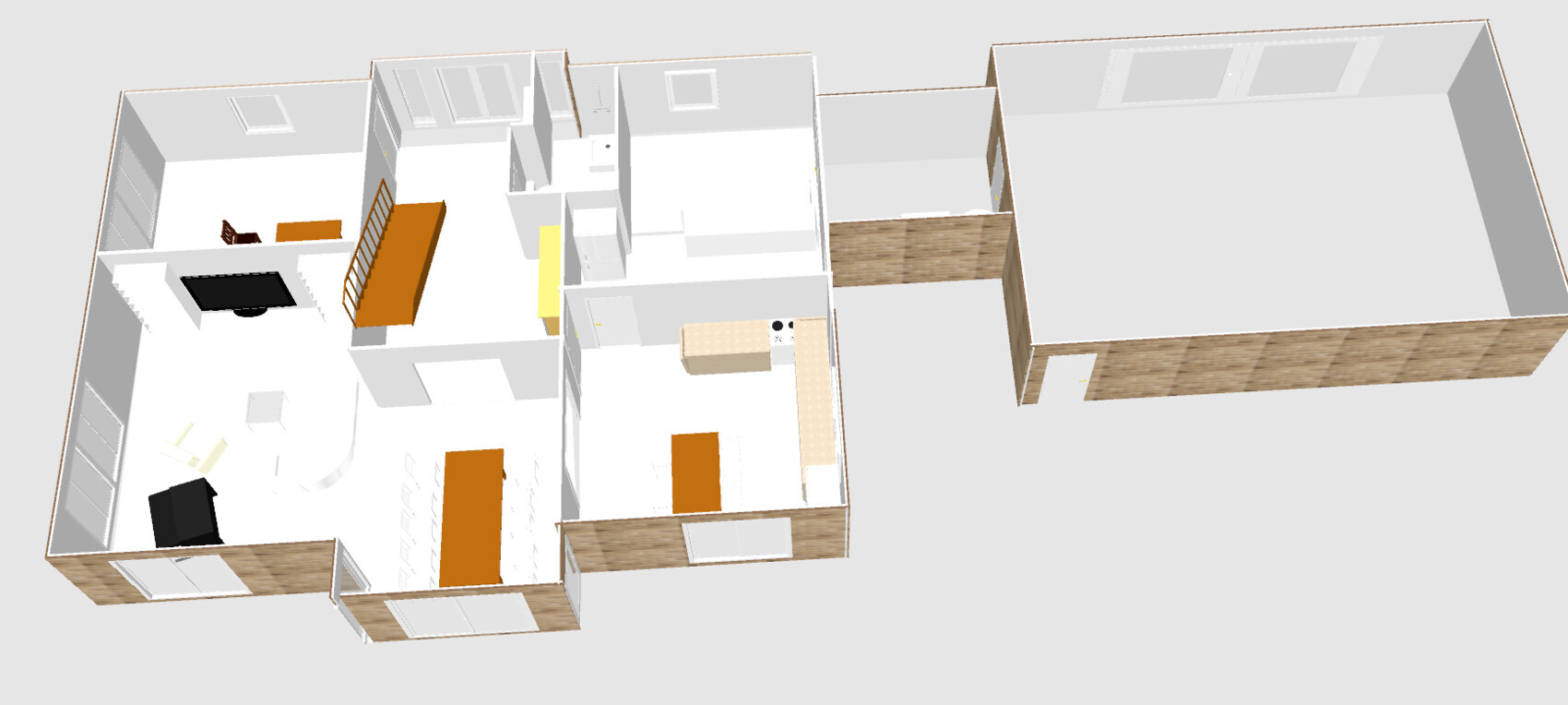 3D-Grundriss eines Hauses: Wohnzimmer, Küche, Essbereich, Anbau aus Holz