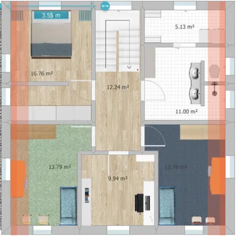 Top-down Grundriss eines Hauses mit Wohnzimmer, Schlafzimmern, Küche und Flur mit Maßen