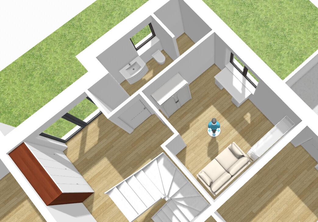 Isometrischer 3D-Grundriss eines Wohnbereichs mit Sofa, Möbeln und Treppe im offenen Grundriss