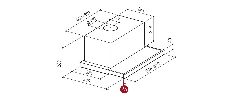 Isometrischer 3D-Grundriss mit Maßlinien und kastenförmigem Aufbau mit Loch