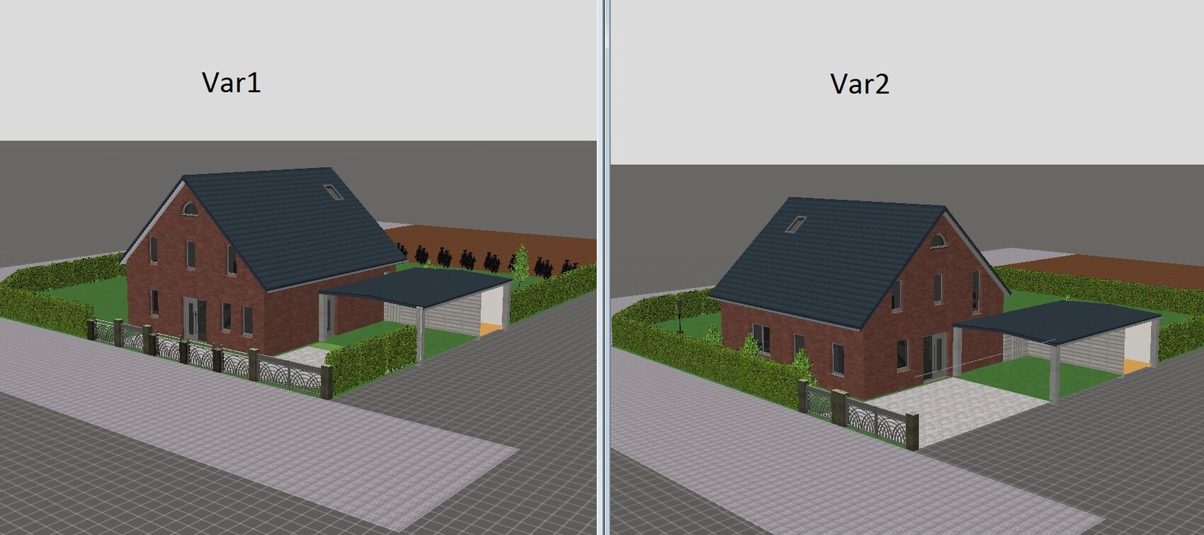 Zwei Ansichten eines roten Backsteinhauses mit blauem Dach, Garten, Zaun und Carport.