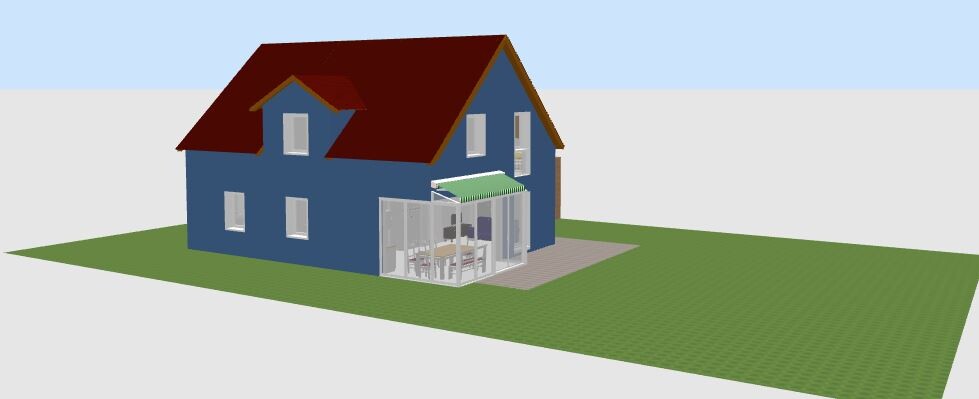3D-Modell eines blauen Hauses mit rotem Dach, Glas-Anbau und Garten.