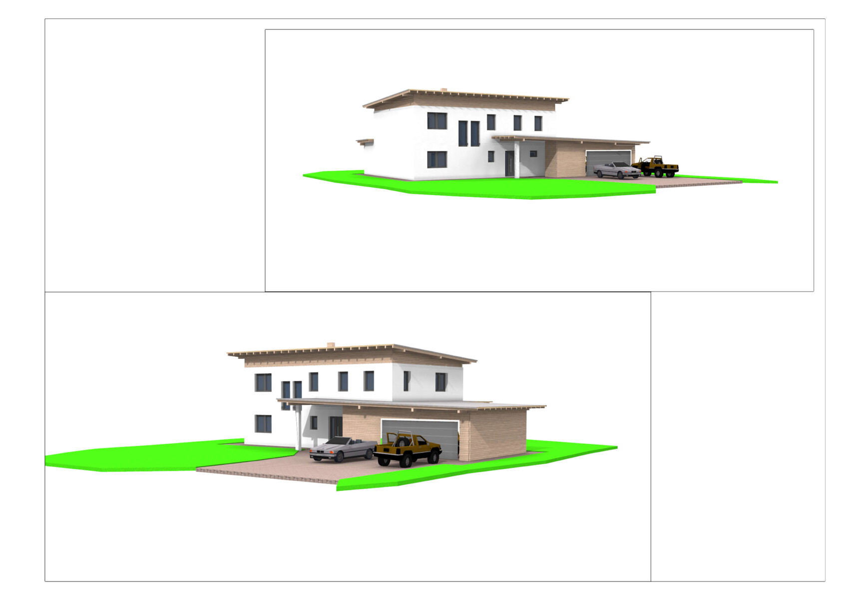 Moderne zweistöckige Villa mit Garage und zwei Autos vor grünem Grundstück (3D-Modell)
