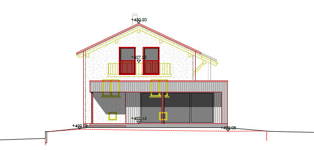 Zweigeschossiges Haus mit Terrasse und Dachüberstand als architektonische Seitenansicht im Schnitt