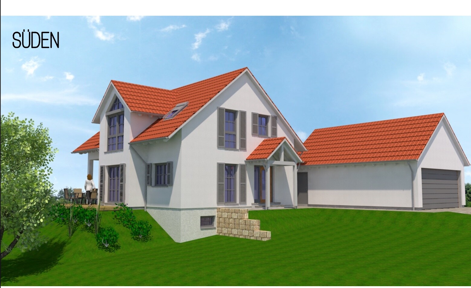 Modernes Einfamilienhaus mit rotem Ziegeldach, Garage, Garten und Person auf Terrasse.