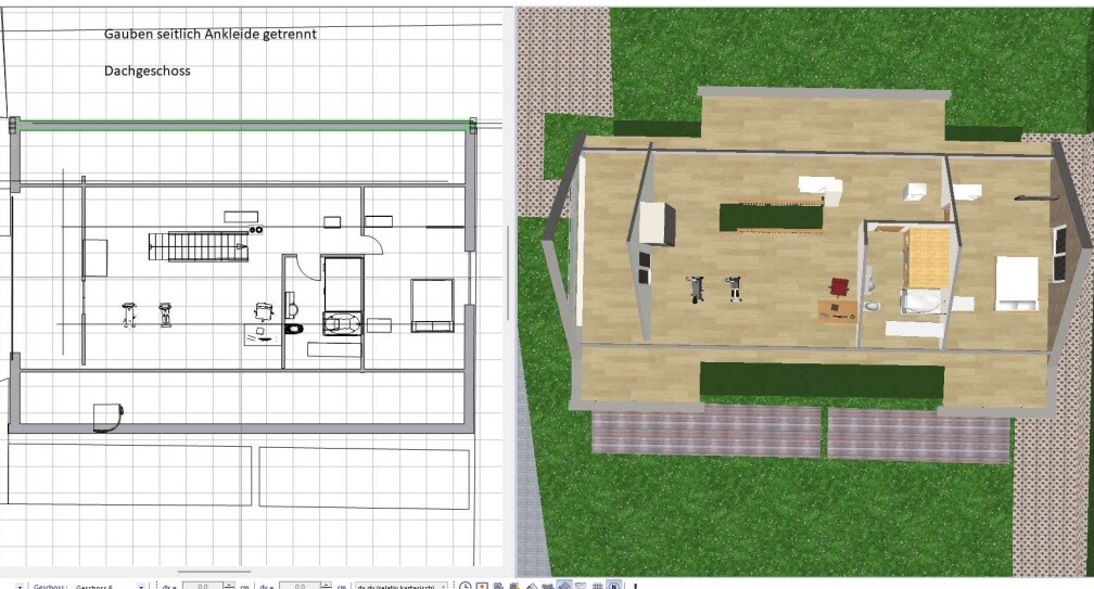 Seitliche Grundrisszeichnung links; 3D-Hausmodell rechts mit Möbeln, Garten und Terrasse.