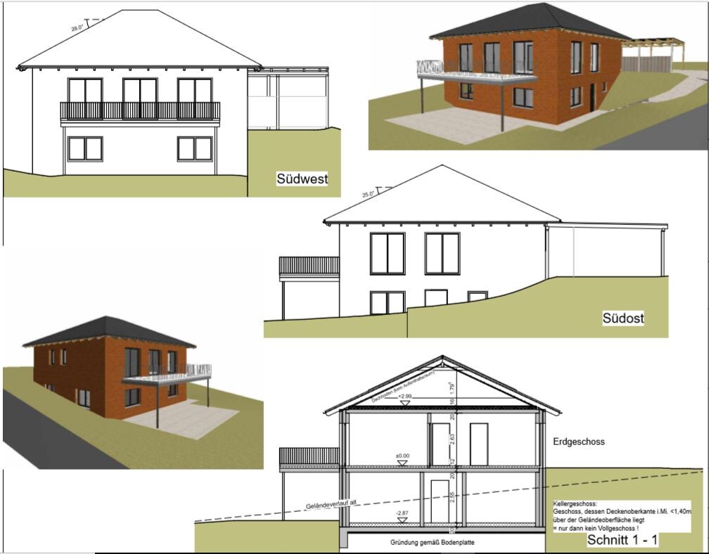 Bauzeichnung eines Hauses: 3D-Ansicht, Balkon, Schnitte (Südwest/Südost).