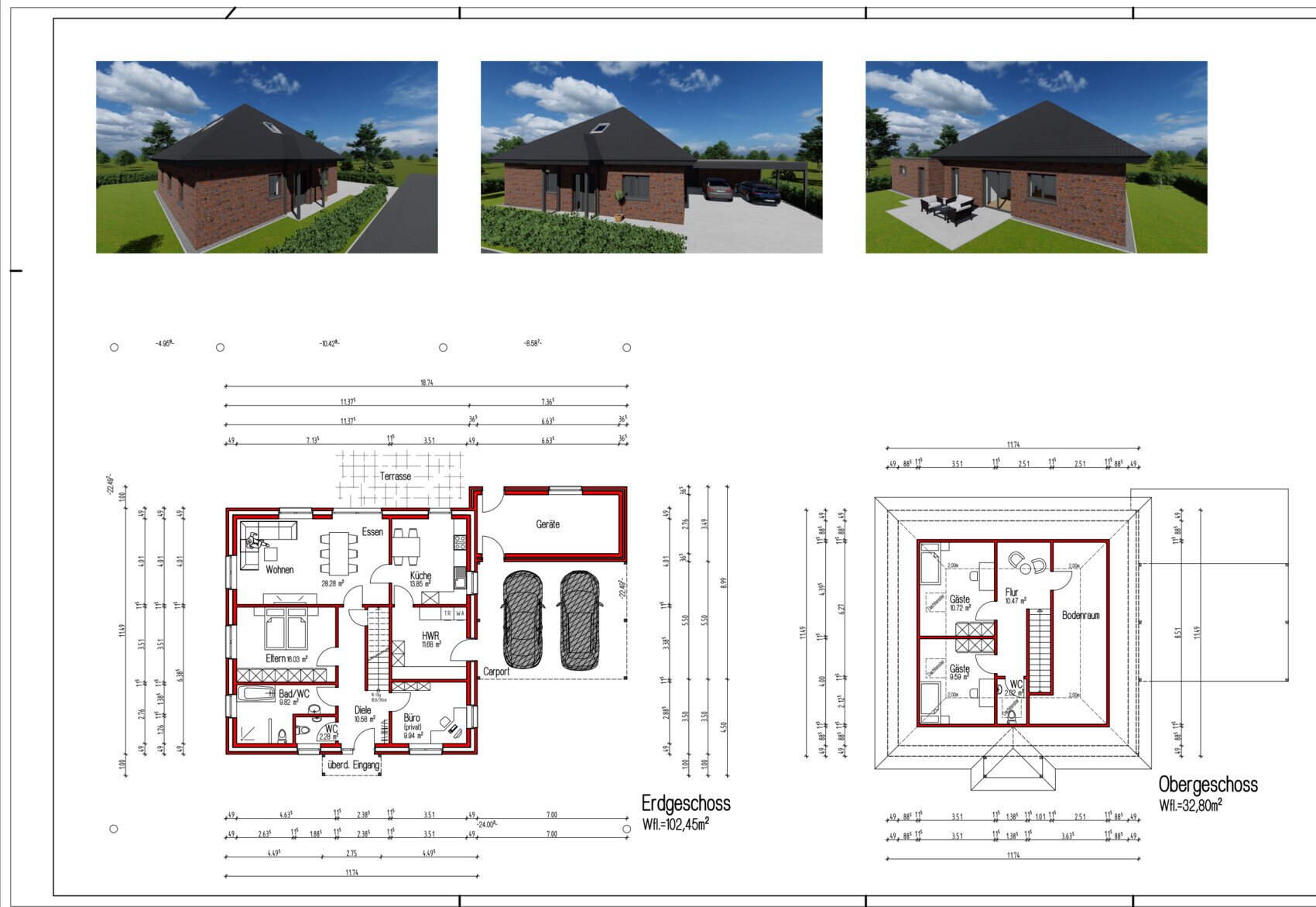 Drei 3D-Hausansichten über einem Einfamilienhaus mit Garten und Grundrissplänen