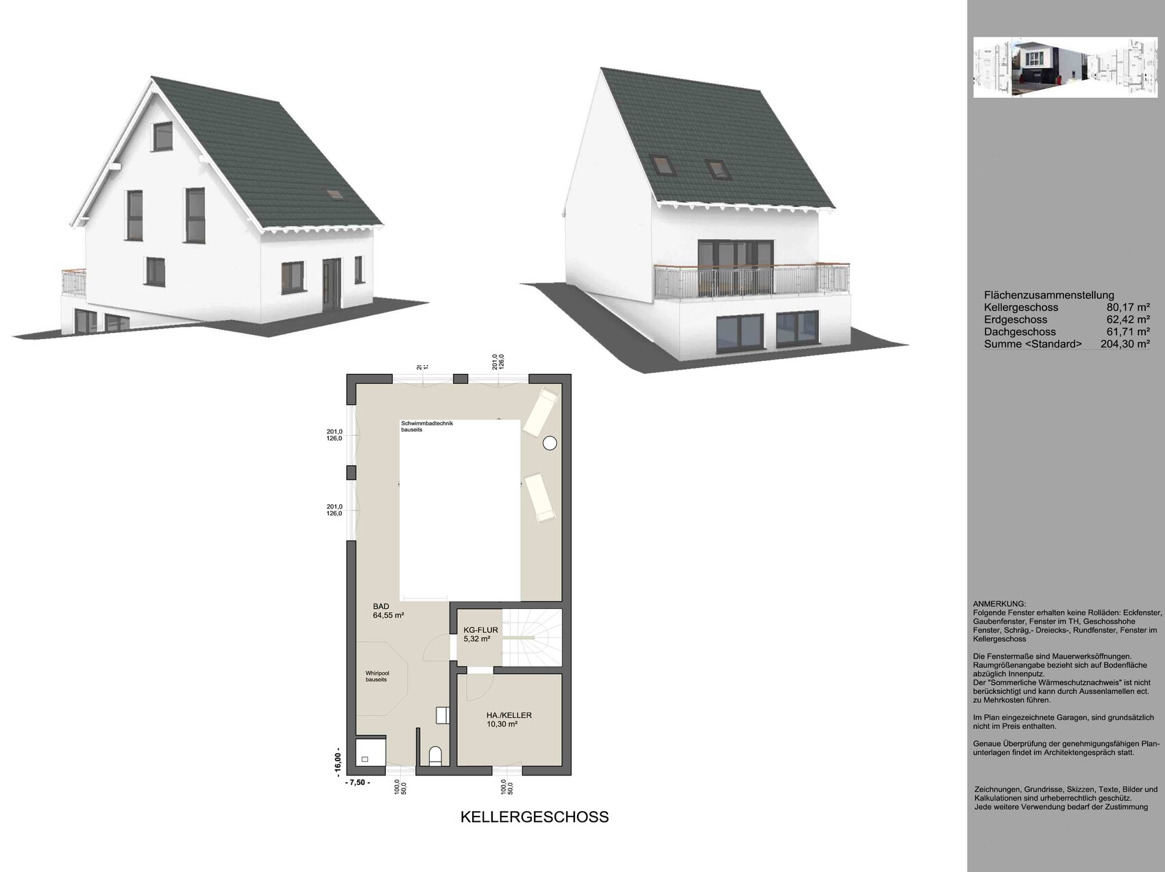 Zwei 3D-Ansichten eines weißen Hauses mit grünem Dach; Kellergeschoss-Grundriss.