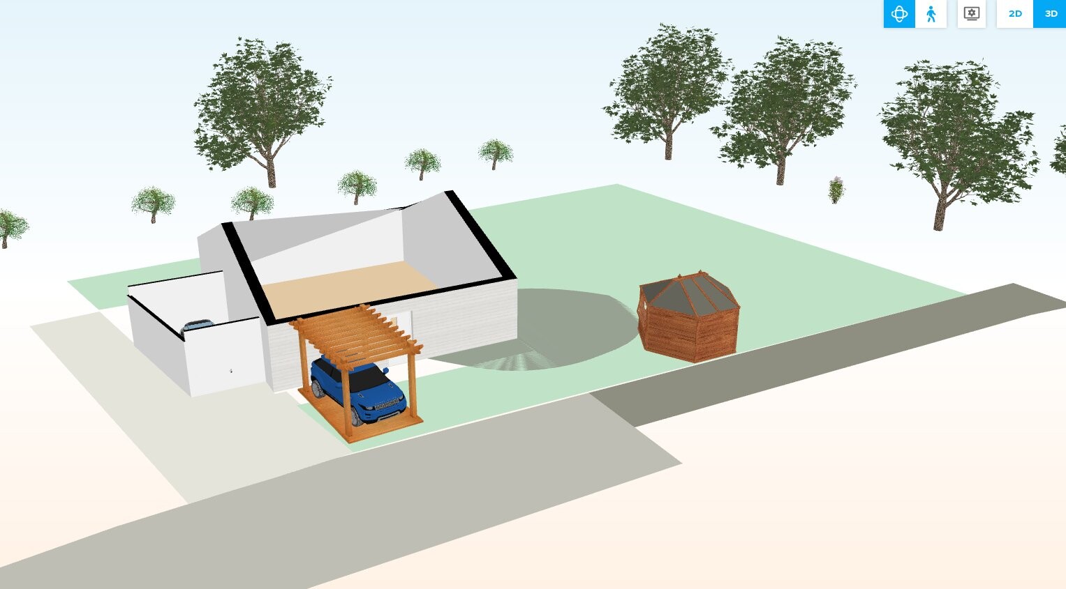 3D-Visualisierung eines modernen Hauses mit Carport, Garten und Bäumen