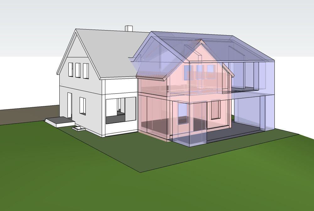 Ausschnitt eines Hauses mit transparentem 3D-Überbau rechts als Entwurf.