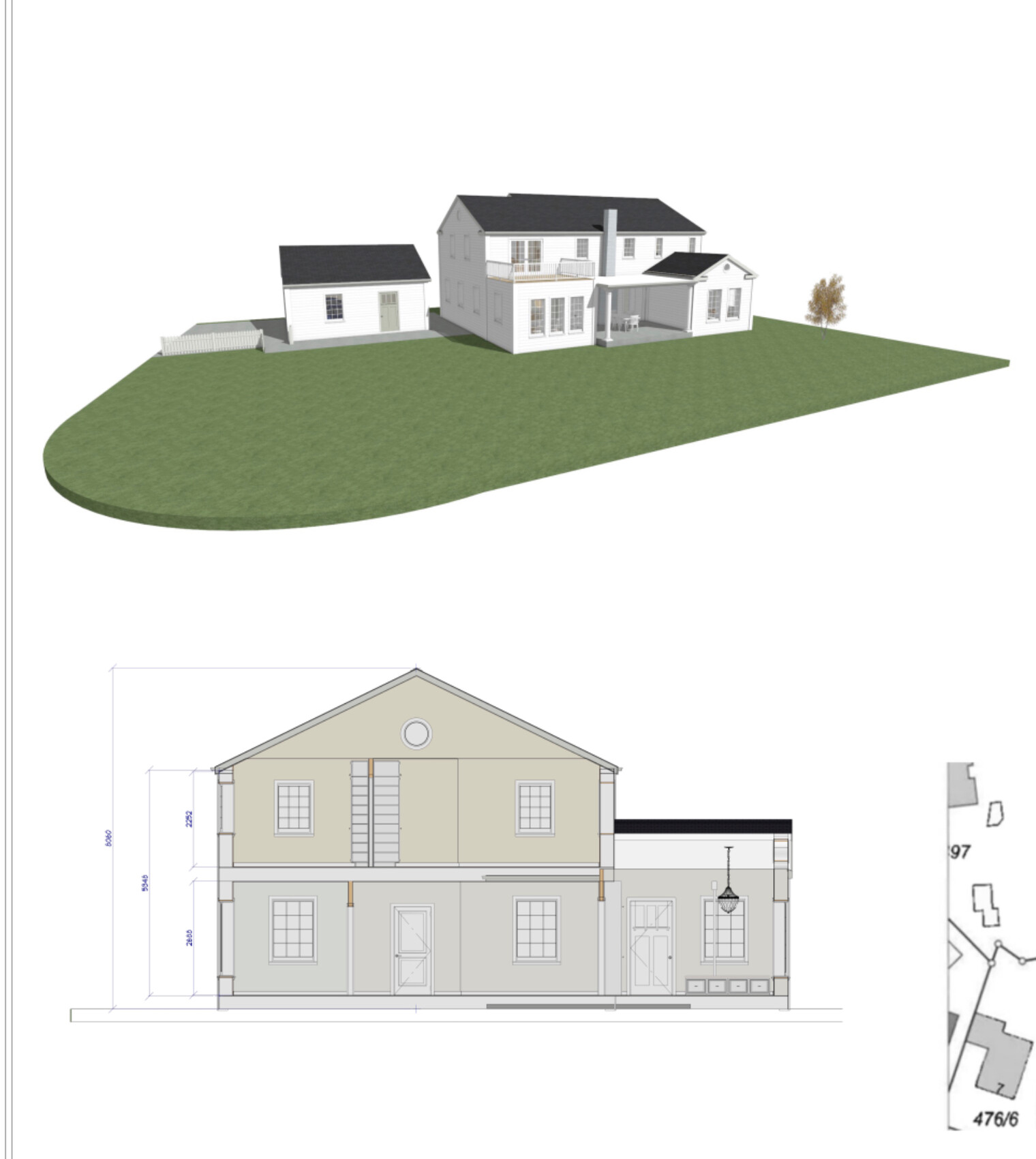 3D-Model eines mehrteiligen Hauses auf grünem Grundstück mit Nebengebäuden; Fassadenansicht