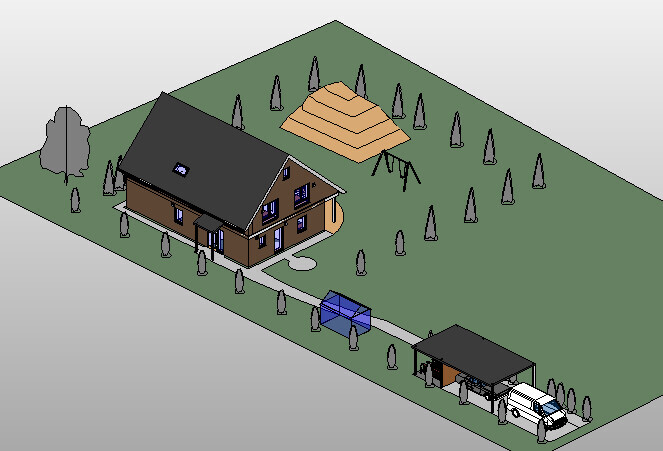 Isometrisches 3D-Hausmodell mit Garten, Zufahrt, Carport und Nebengebäude