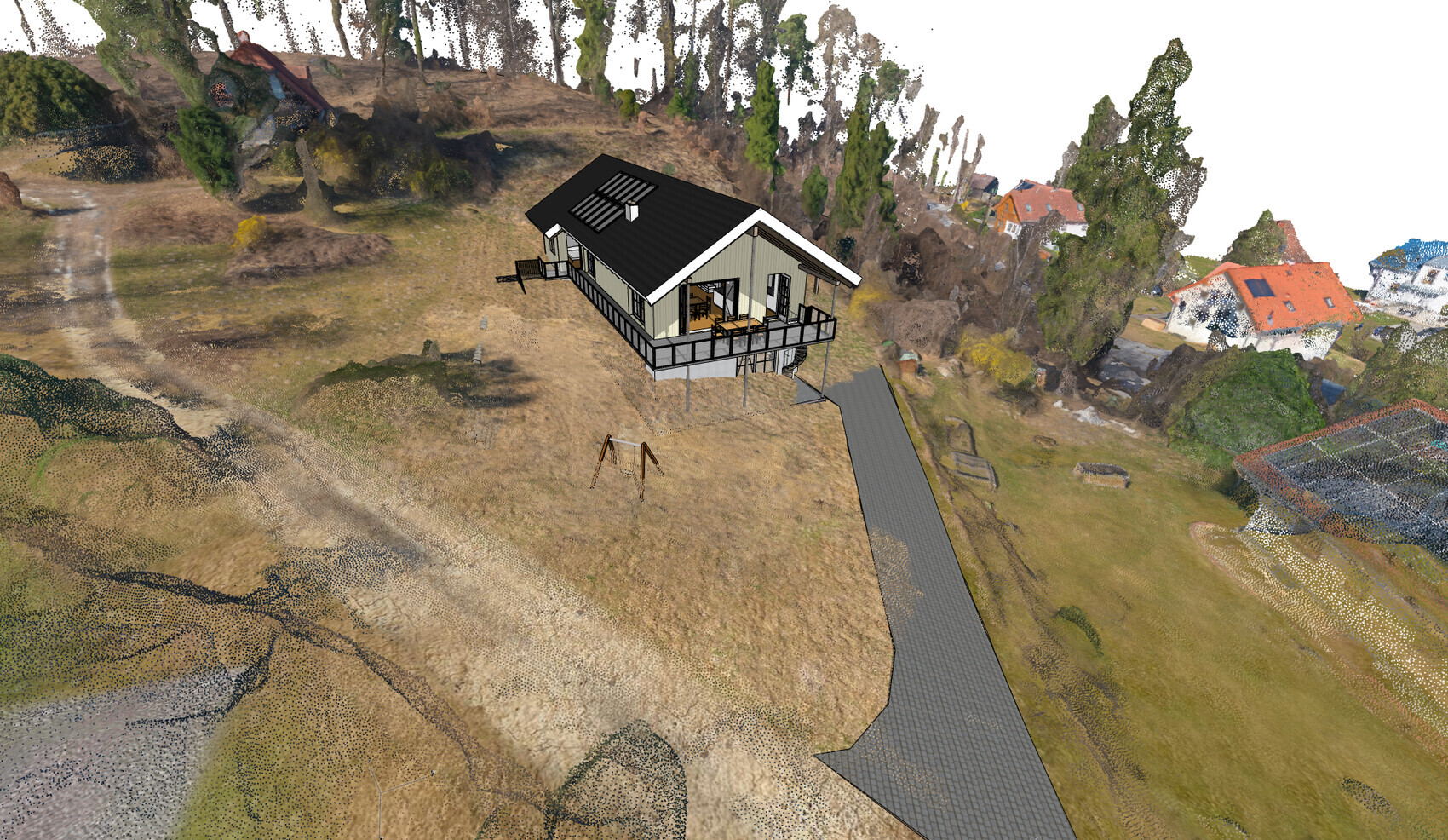 3D-Modell eines Hauses auf Pfosten mit Holzterrasse in hügeliger Landschaft, Gehweg zum Haus
