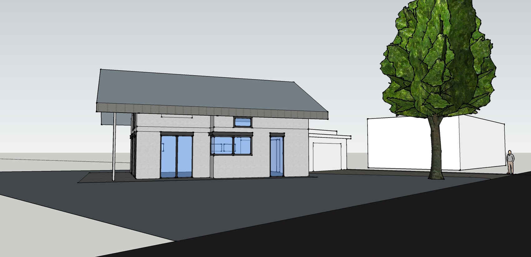 3D-Modell eines modernen Hauses mit Flachdach, großen Fenstern und Baum daneben.
