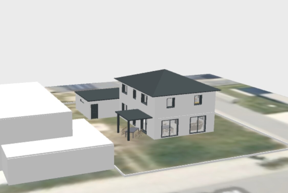 3D-Modell eines grauen, zweigeschossigen Hauses mit dunklem Dach, Terrasse mit Esstisch im Garten.