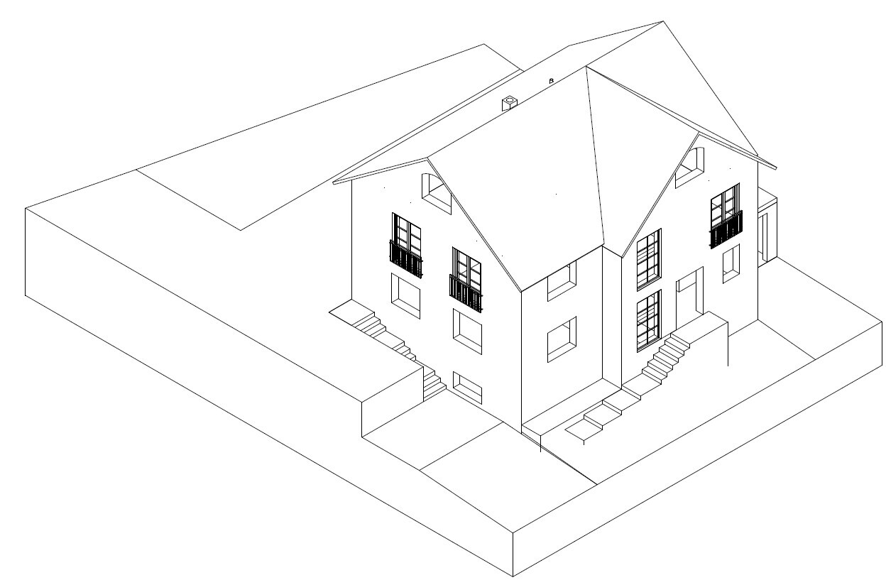 Isometrische Linienzeichnung eines Doppelhauses mit Treppen, Fenstern und Hof.