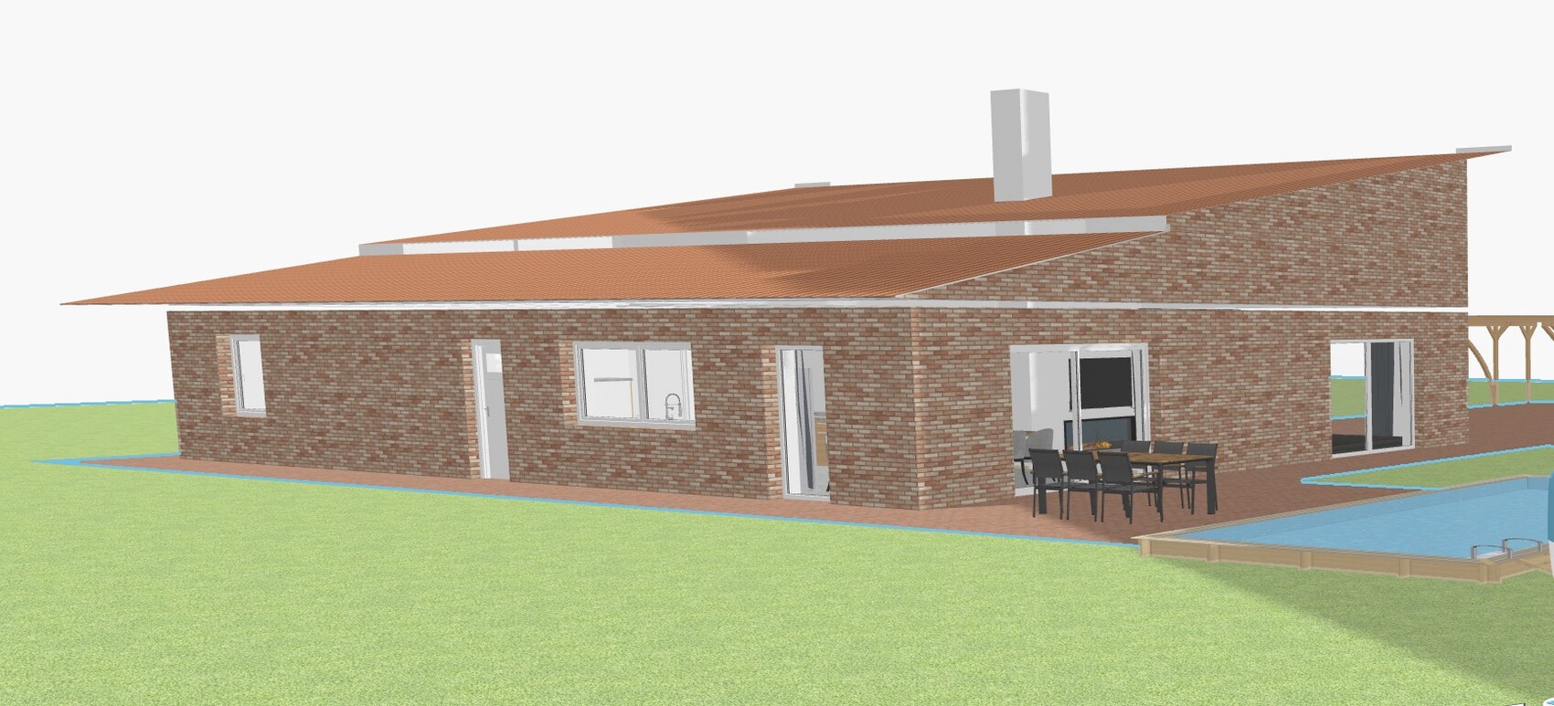 Einfamilienhaus aus Backstein mit orangefarbenem Dach, Terrasse und Pool im Garten.