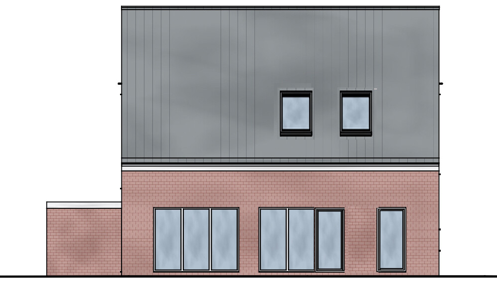 Zweistöckiges Haus mit roter Backsteinfassade unten und grauer Metallfassade oben, große Fenster