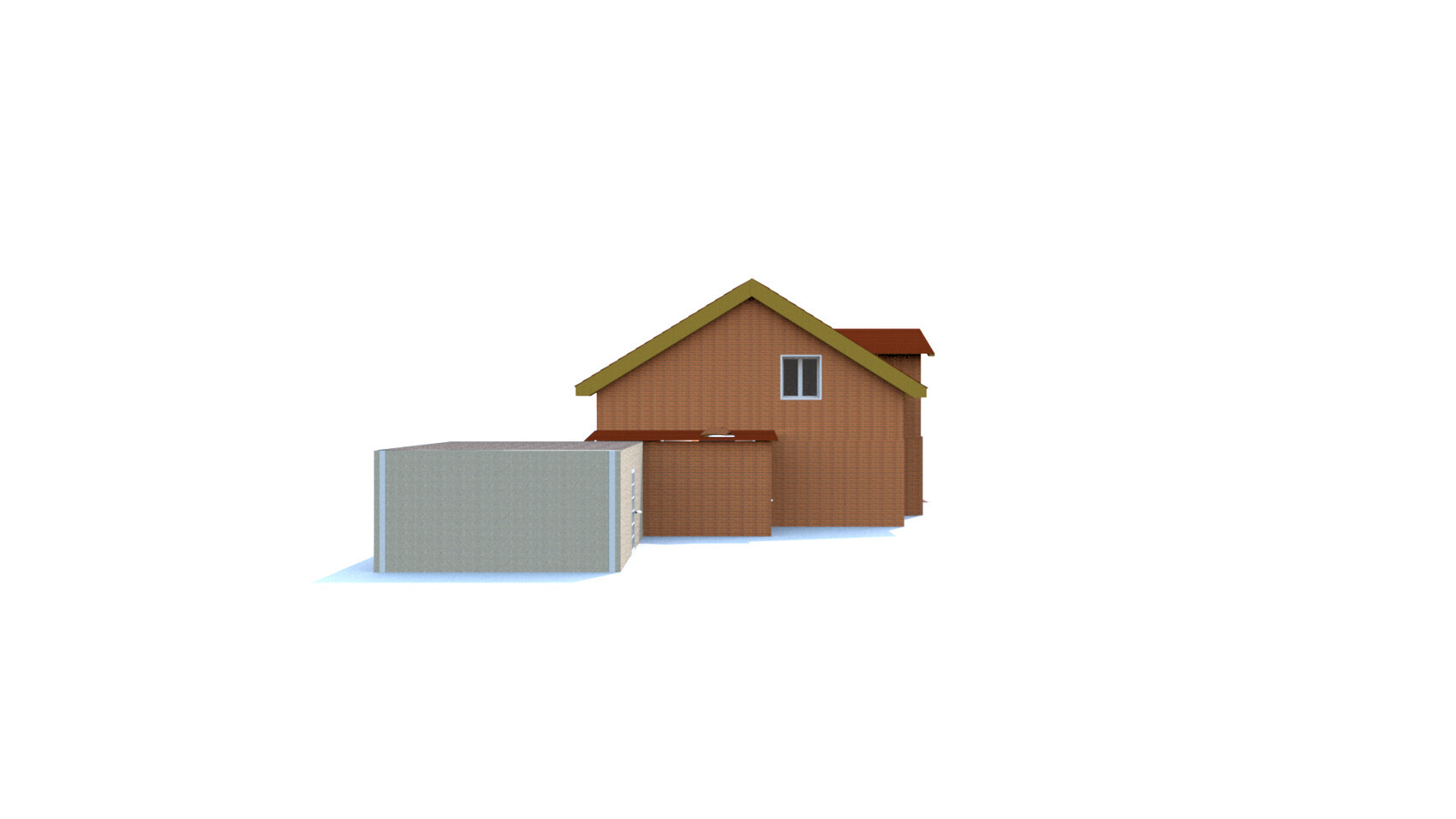 Großes braunes Ziegelhaus mit grünem Satteldach, Anbau und grauem Nebengebäude auf Schnee.